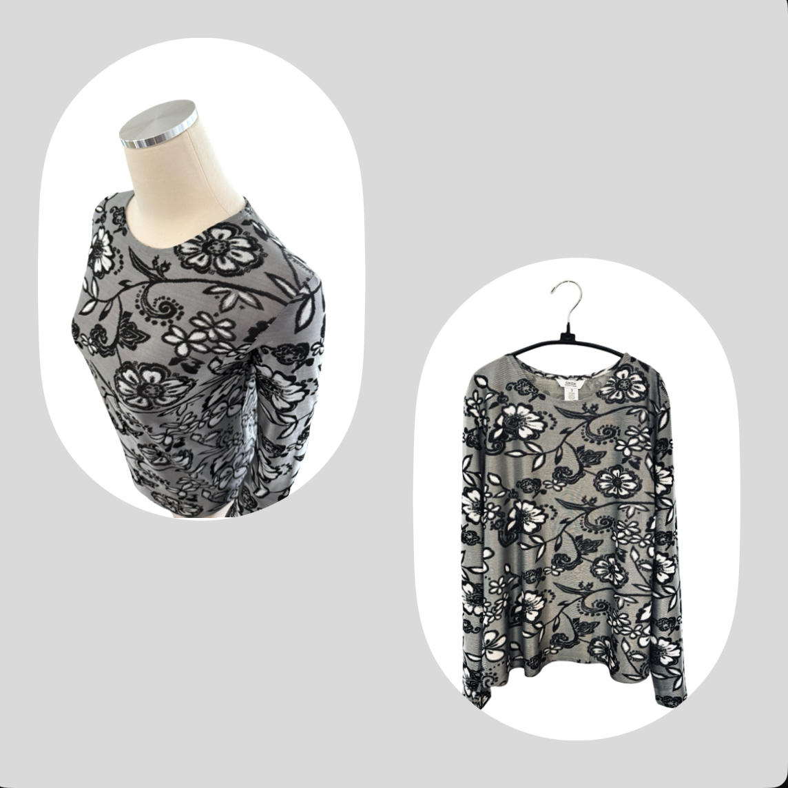 Silver/Black Embossed Floral Jersey Top 
