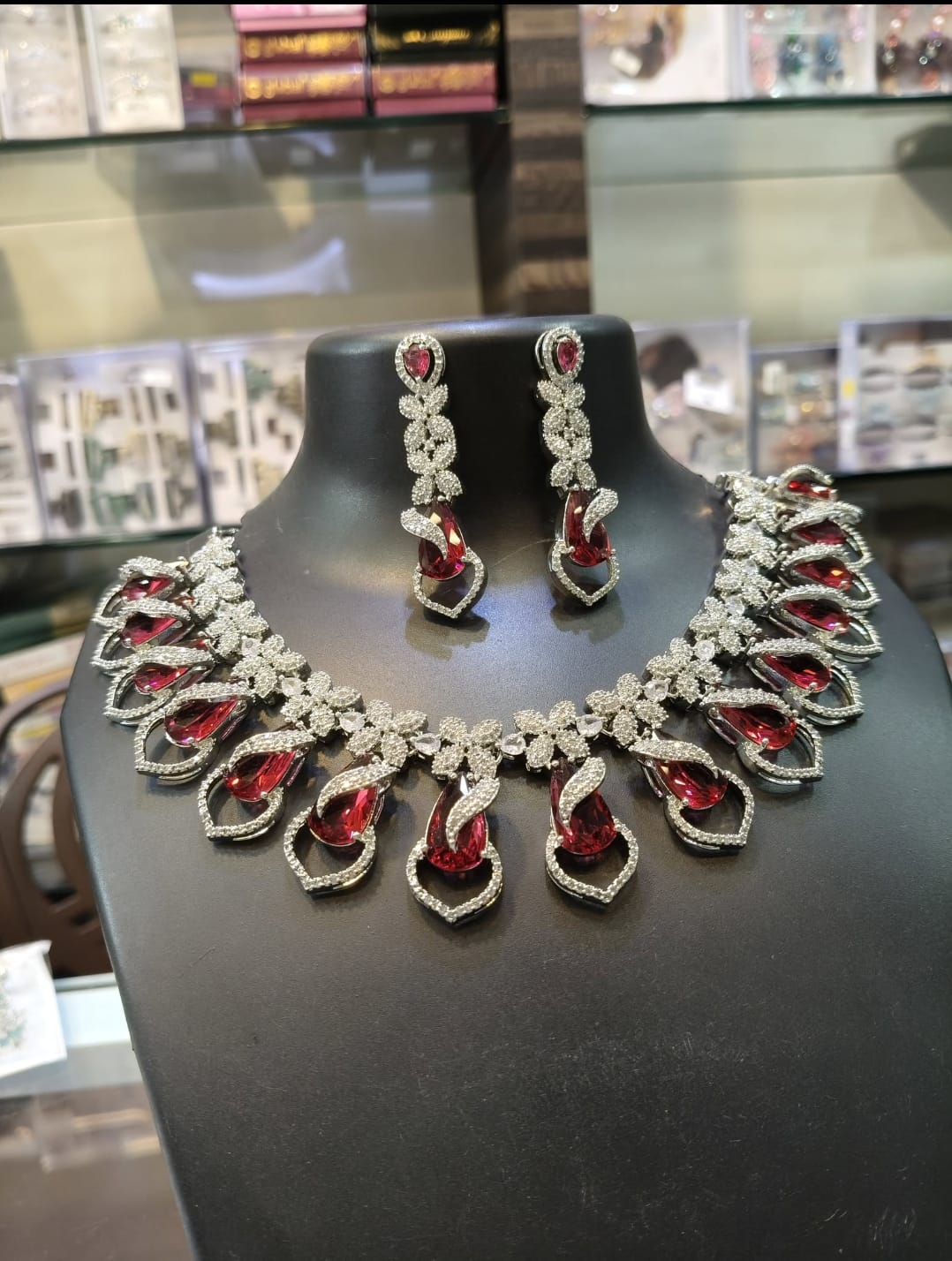 Elegant Ruby & Crystal Necklace Set