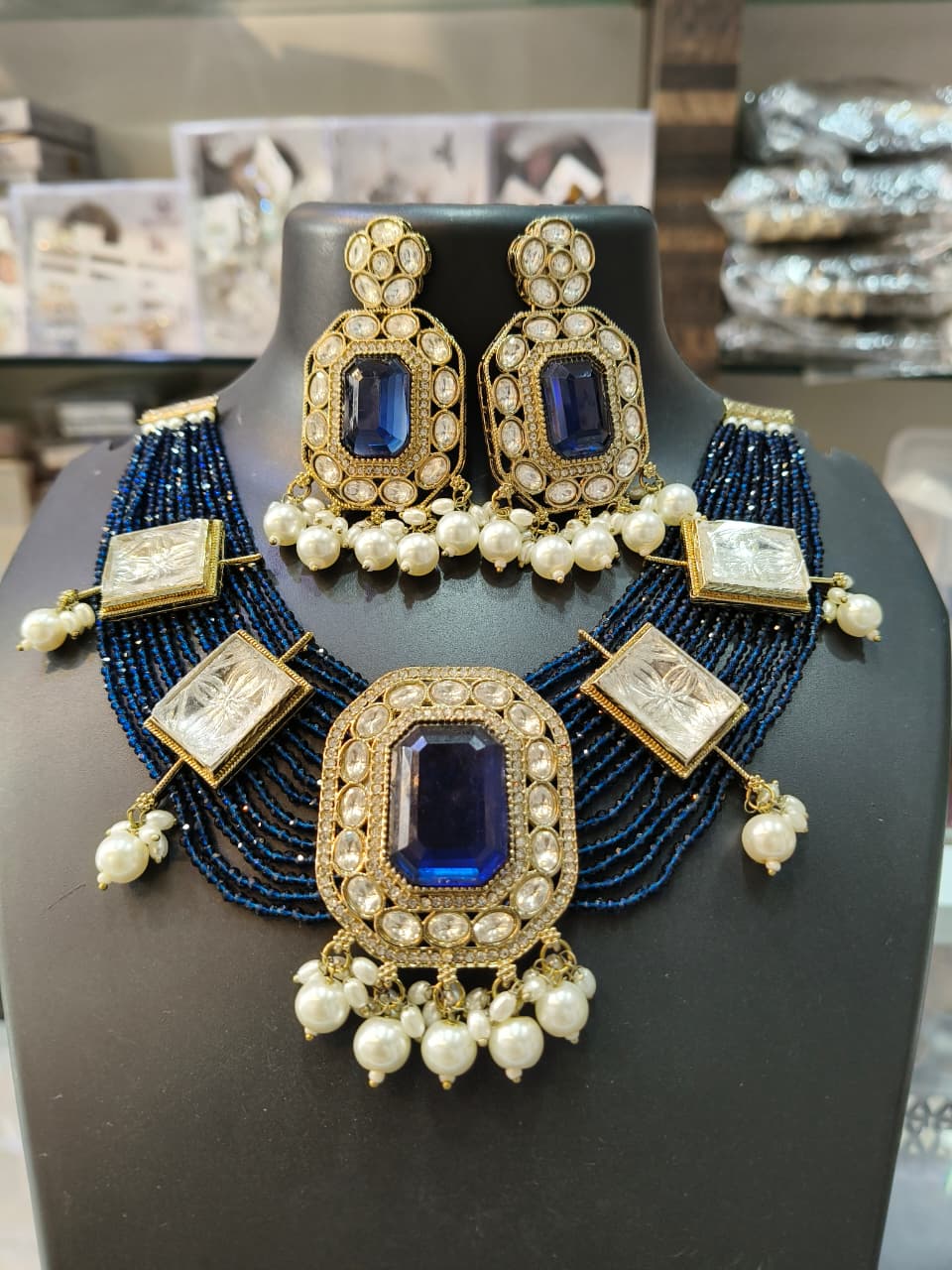 Blue and Gold Pearl Necklace Set