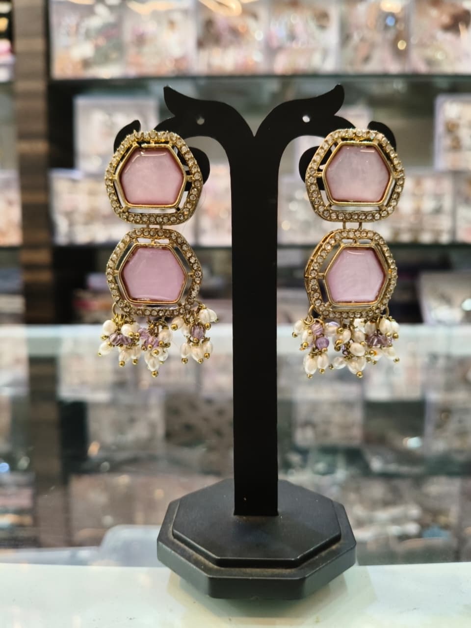 Hexagon Pink Stone Earrings