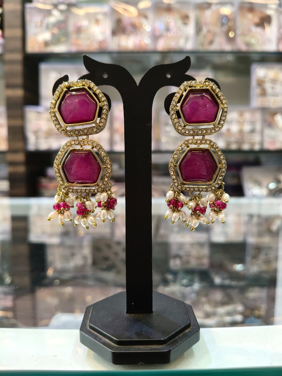 Hexagonal Ruby Stone Earrings