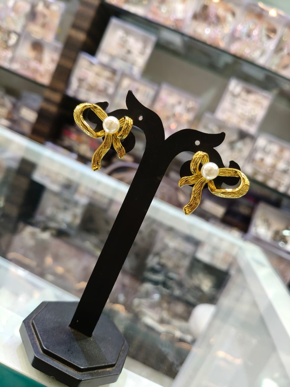 Gold Bow Pearl Earrings