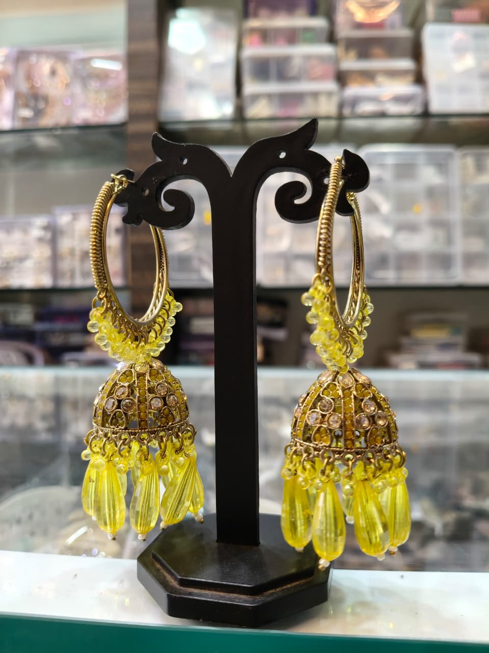 Yellow Stone Jhumka Earrings