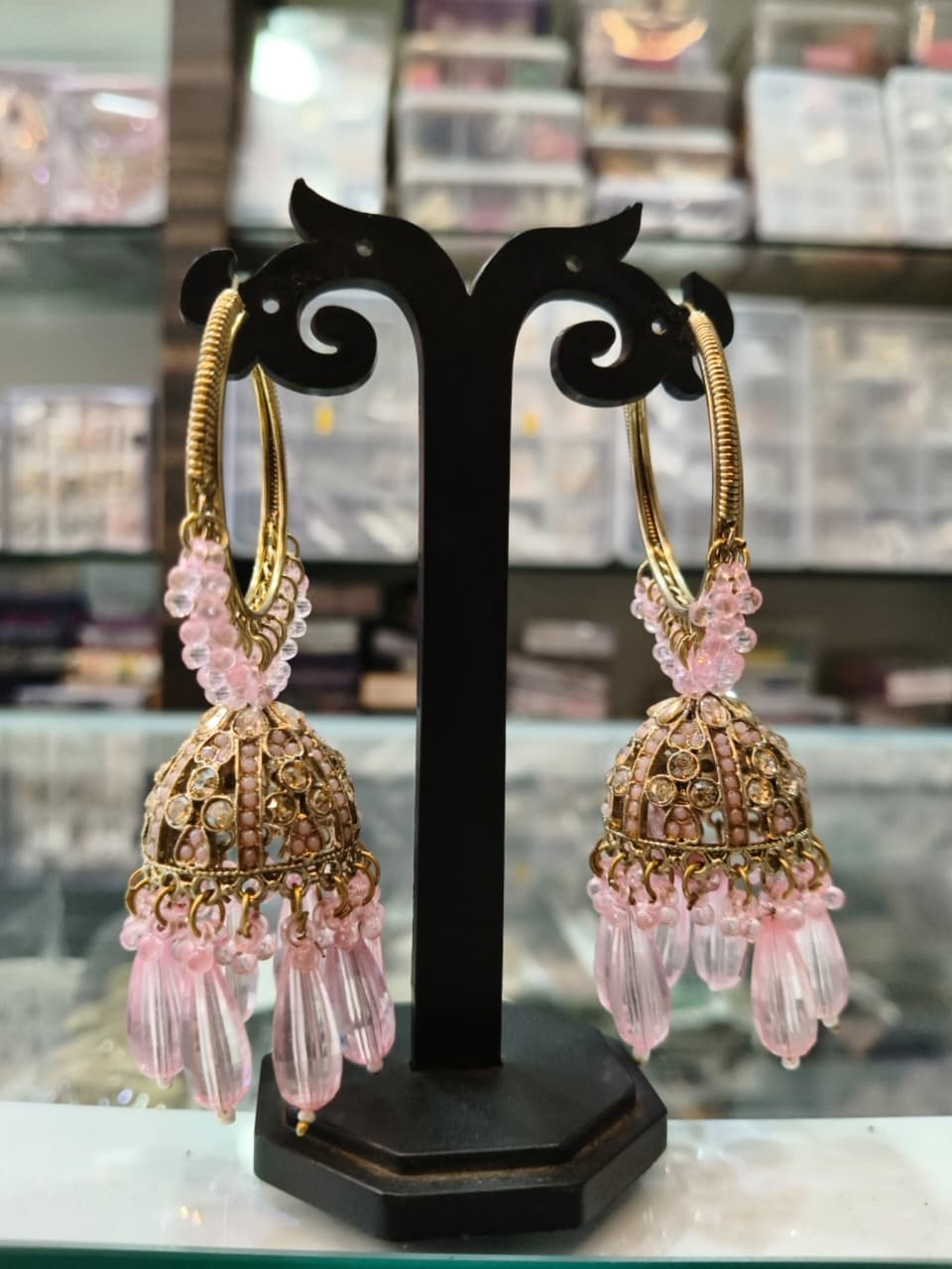Pink Crystal Jhumka Earrings