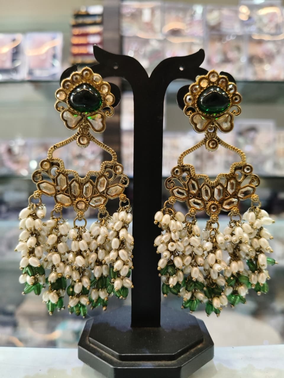 Green & Pearl Chandbali Earrings