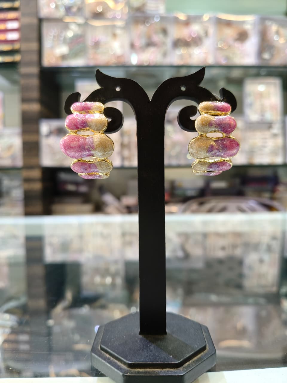 Pink & Gold Stacked Stone Earrings