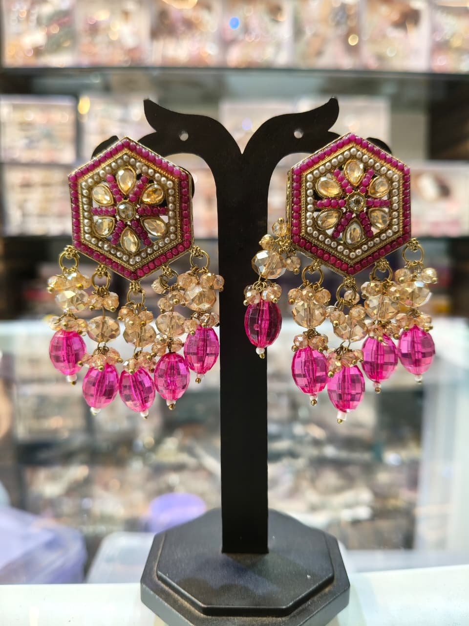 Hexagon Pink Drop Earrings