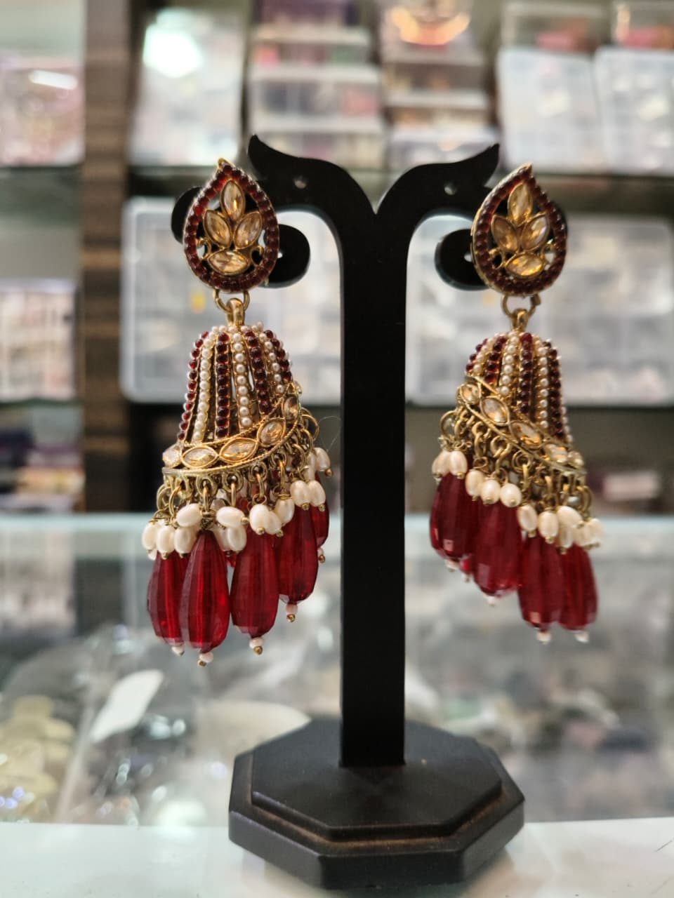 Red & Gold Traditional Jhumka Earrings