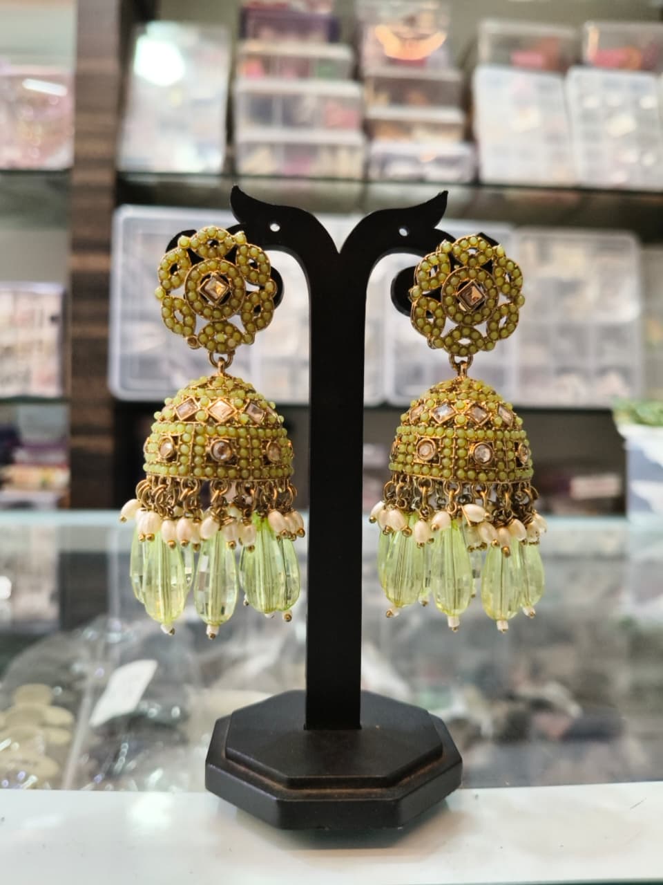 Traditional Green Kundan Jhumka Earrings