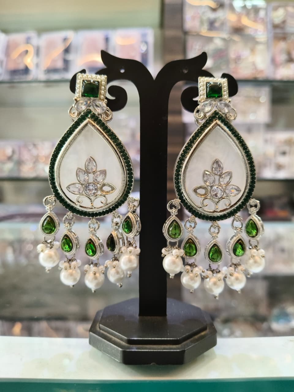 Green Stone & Pearl Chandbali Earrings