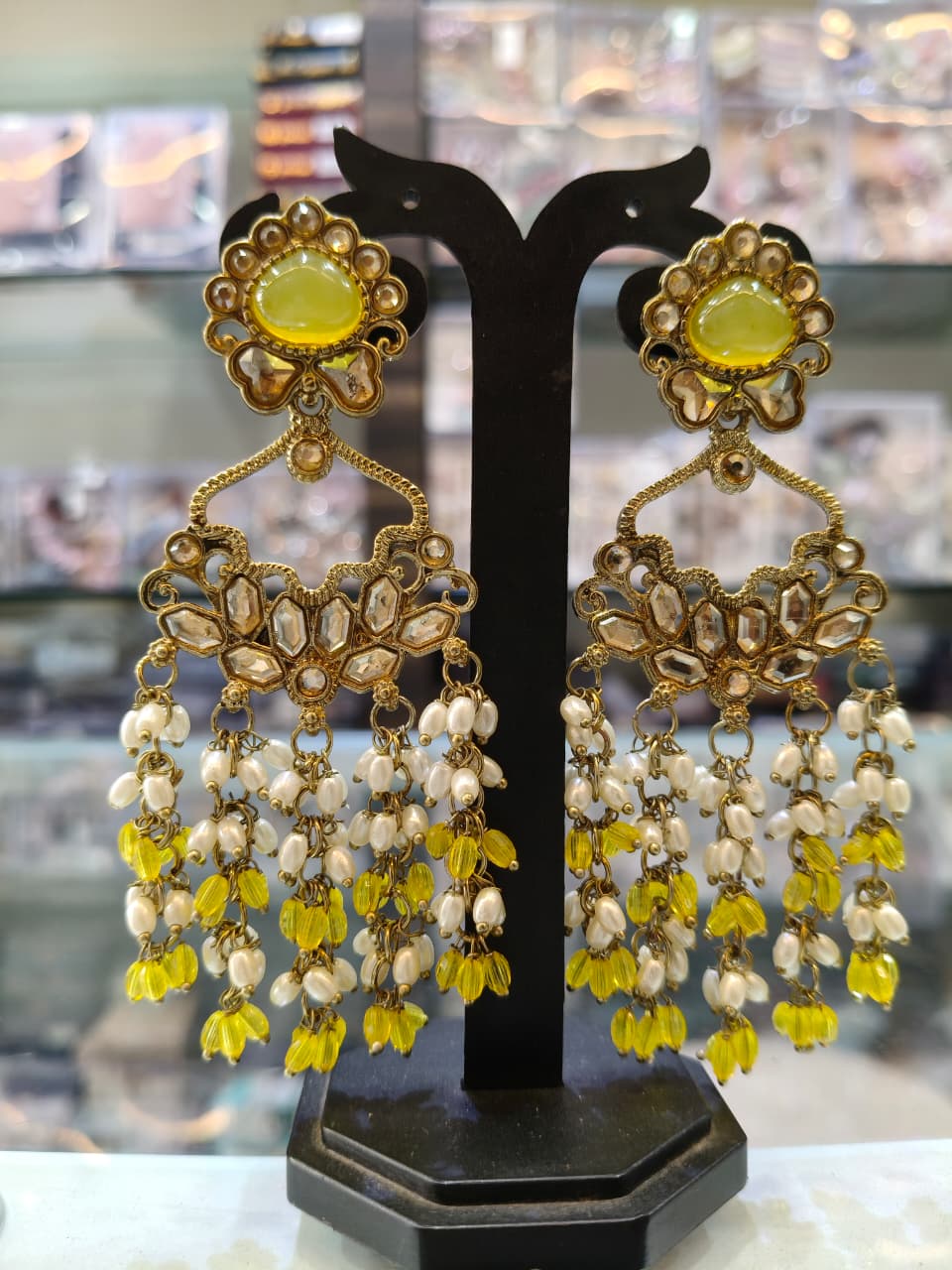 Yellow Stone Chandbali Earrings