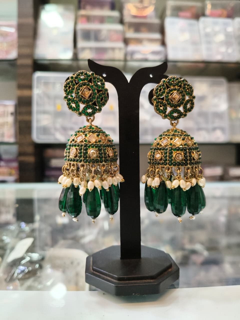 Green Kundan Jhumka Earrings