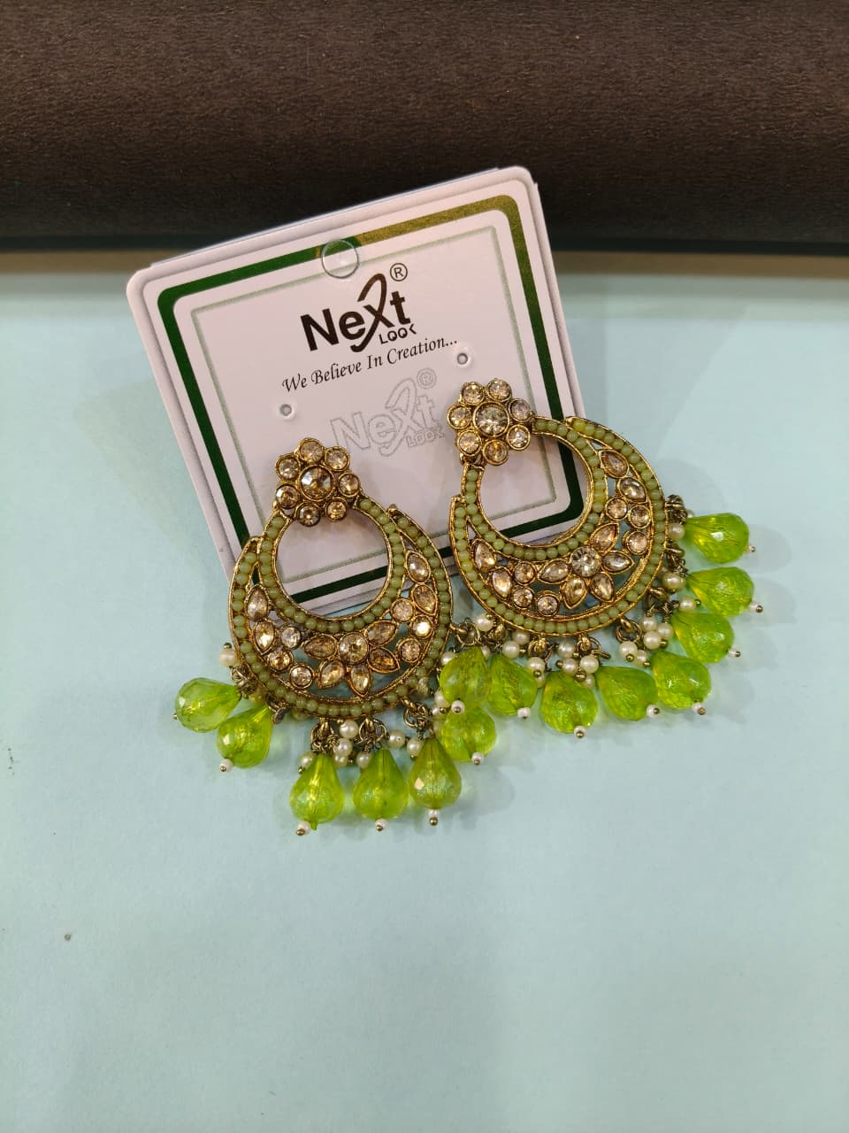 Gold-plated green chandbali earrings
