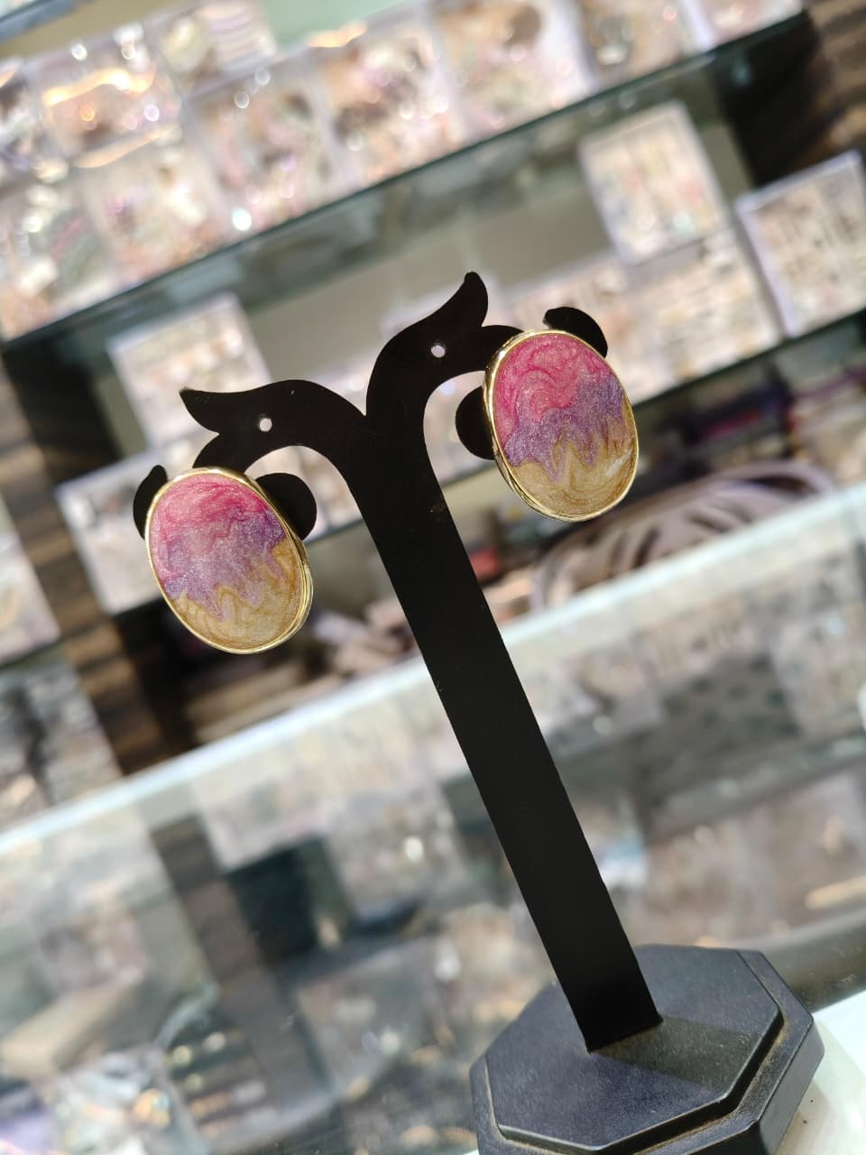 Pink-Gold Enamel Oval Earrings