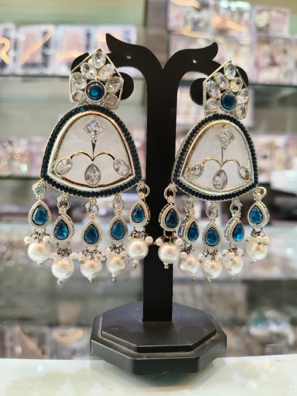 Blue & White Kundan Chandbali Earrings