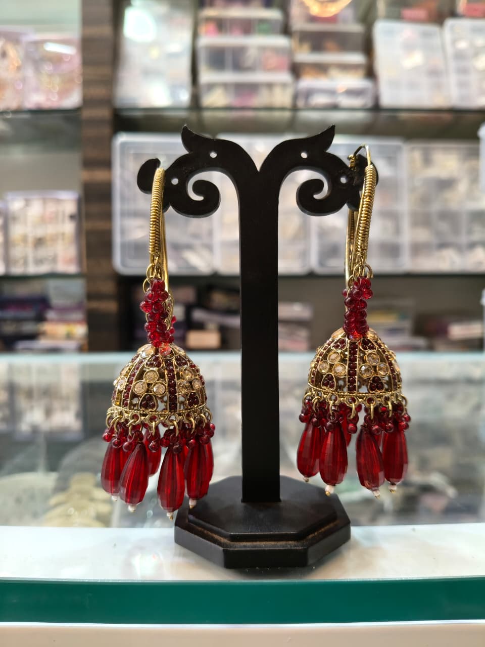 Red Stone Jhumka Earrings
