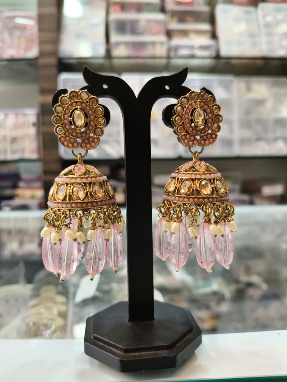 Pink Kundan Jhumka Earrings