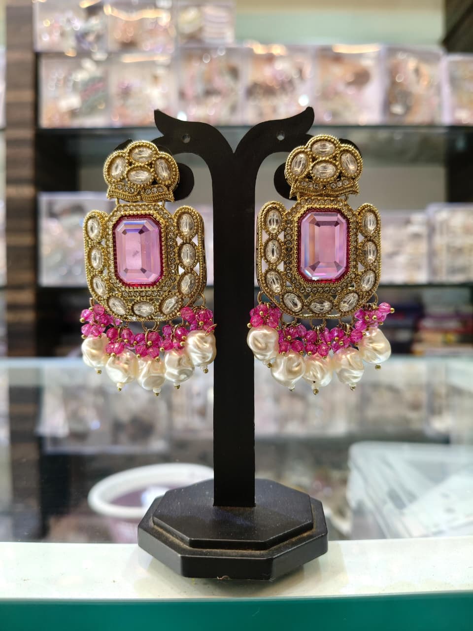 Pink Gemstone Statement Earrings