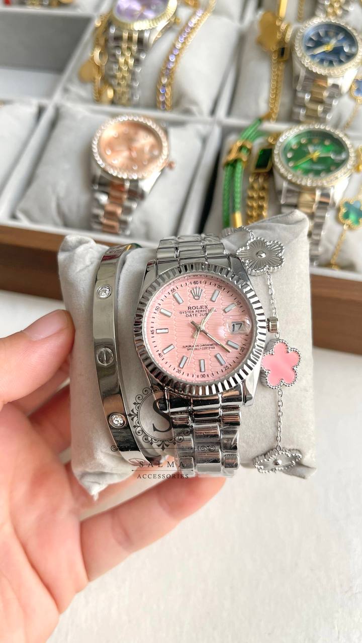 silver & pink watch set