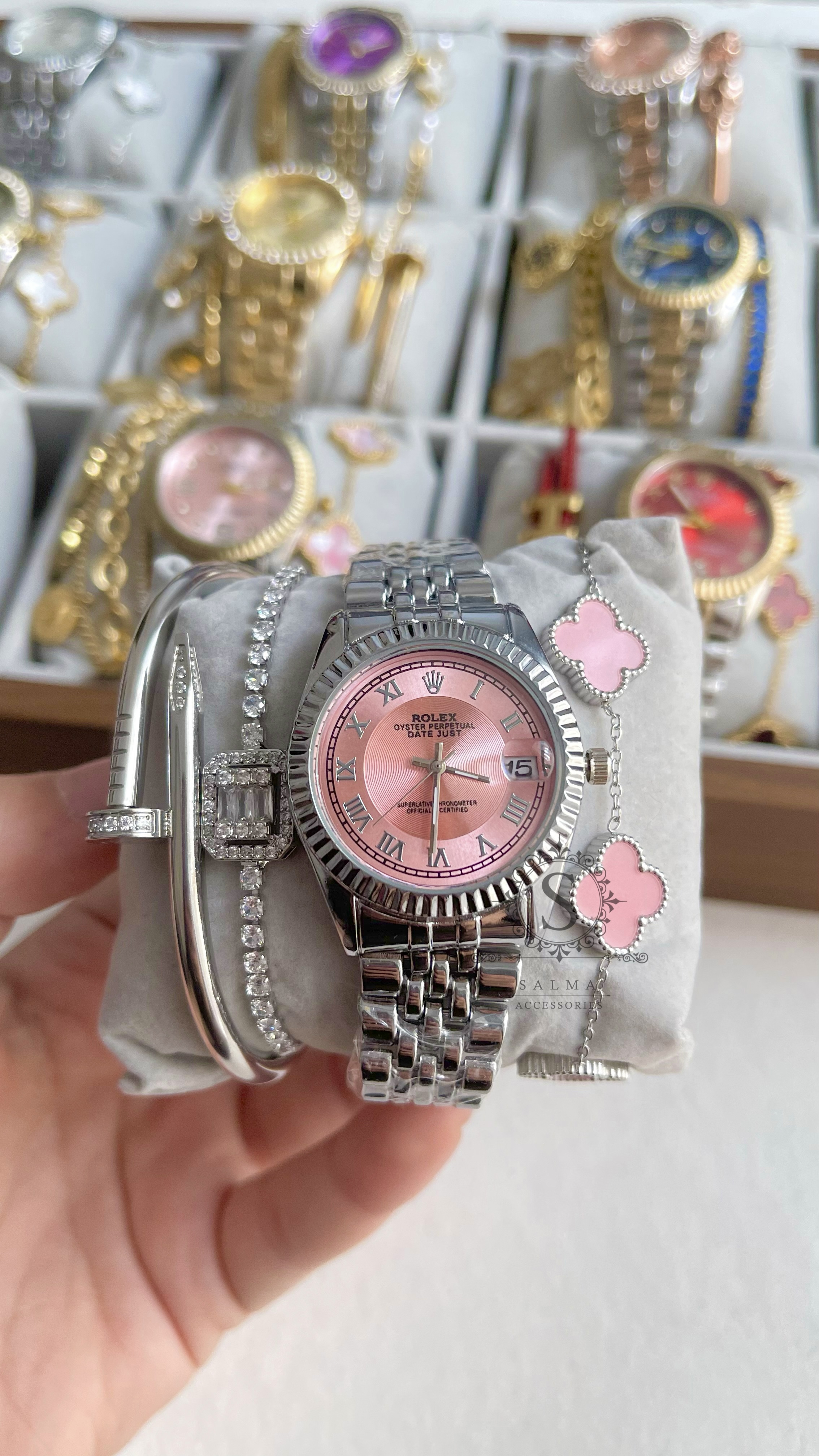 silver&pink watch set