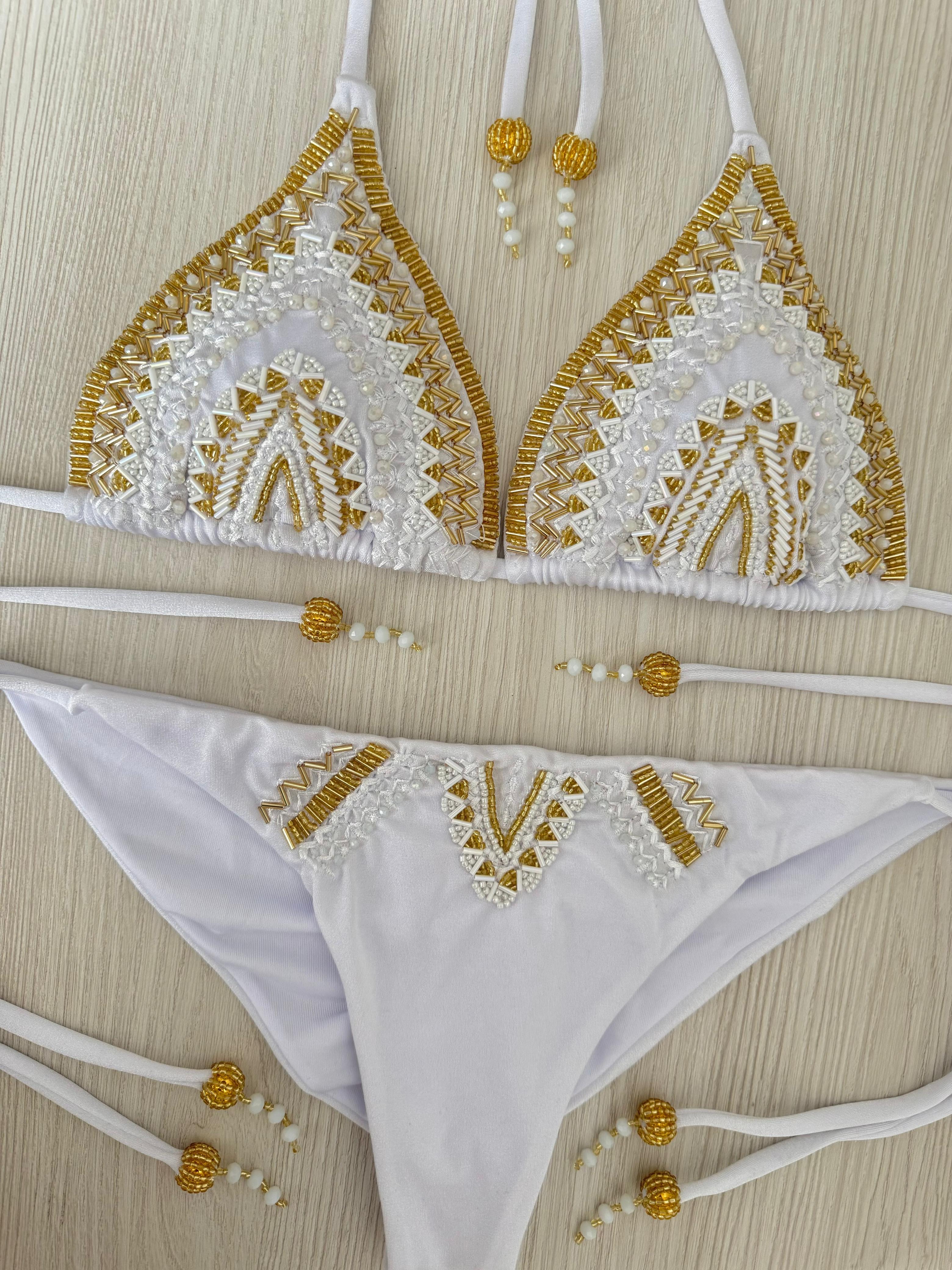 Embroidery Bikini Set with Fringe Skirt