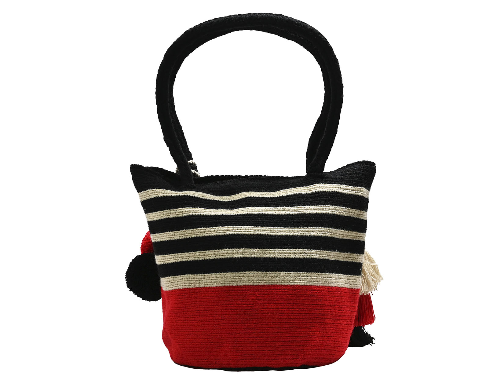 Black, red and light brown tote bag