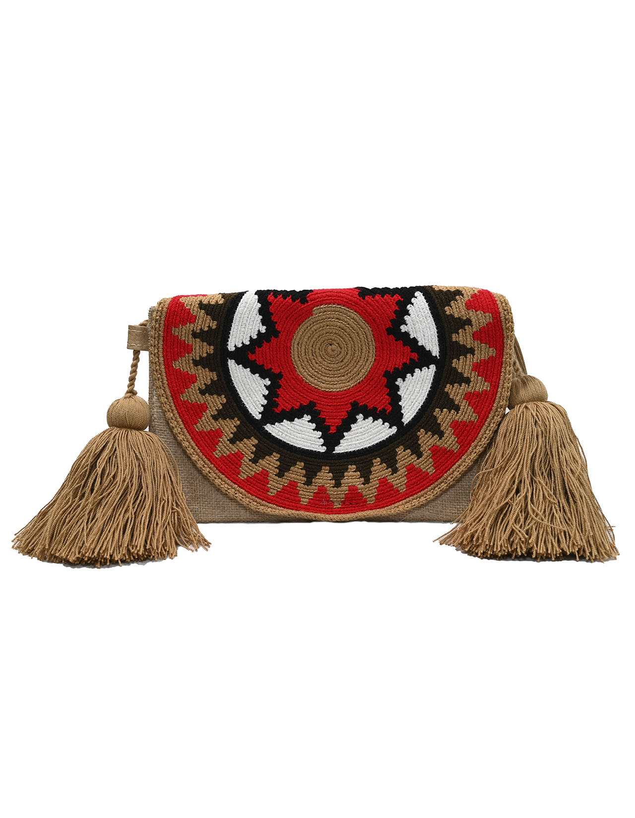 Red, black and brown jute sling bag