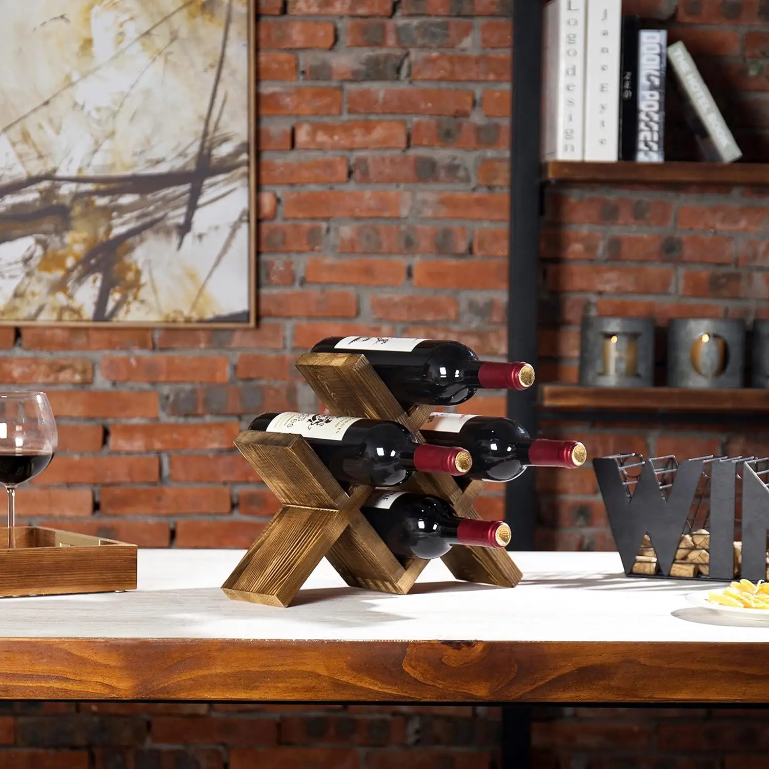 Square Wood and Metal Wine Racks Commercial Laser Wine Glass Display Rack Hanging Custom Mini Wooden Red Wine Rack
