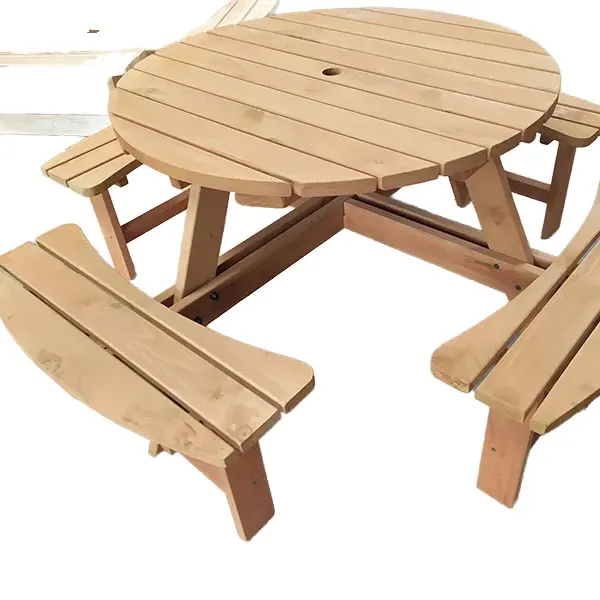8-Seater Solid Wood Outdoor Dining Table Bench Set for Patio BBQ Picnic Garden Park Courtyard Villa-Beach Bistro Style
