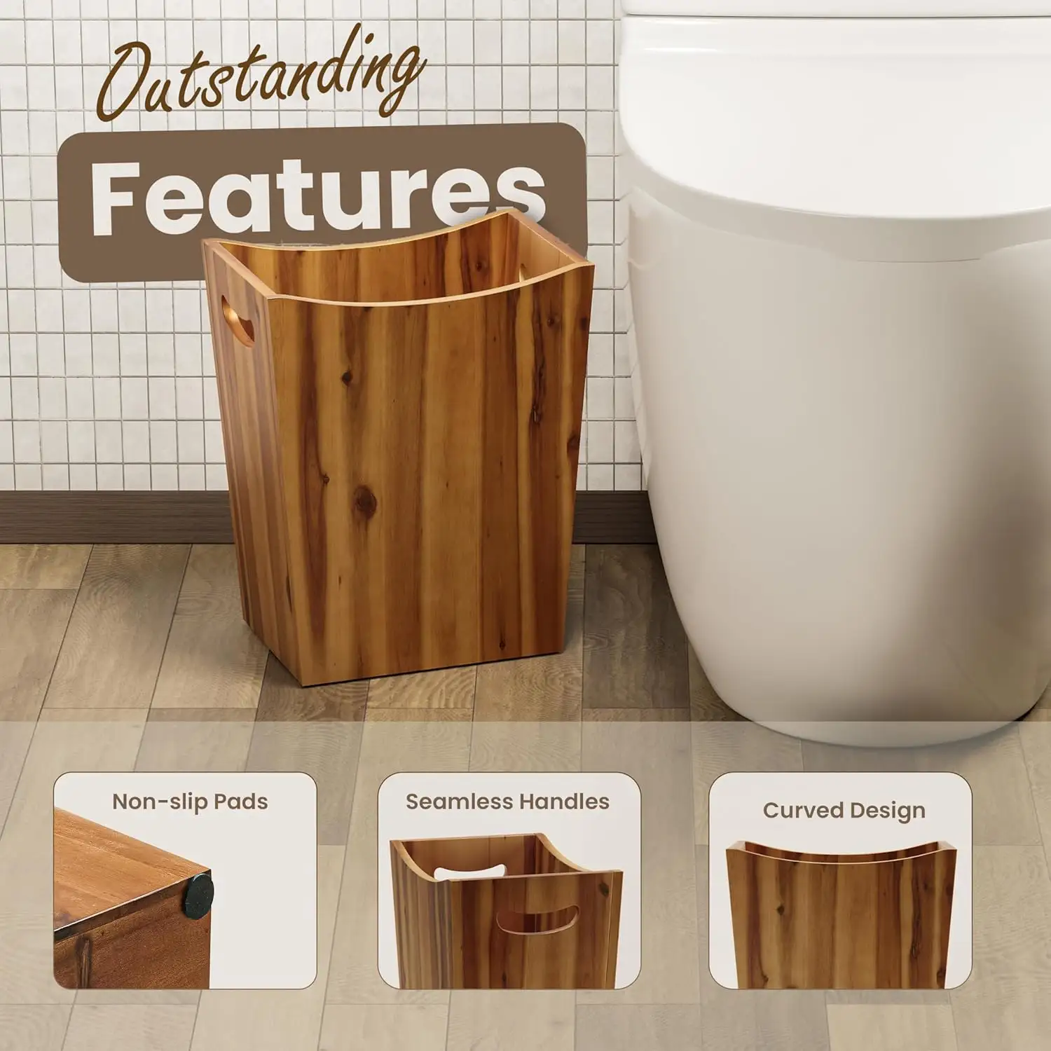 Bedroom Narrow Tall Waste Paper Bin Kitchen Trash Can Bathroom Acacia Small Wood Garbage Baskets with Handle