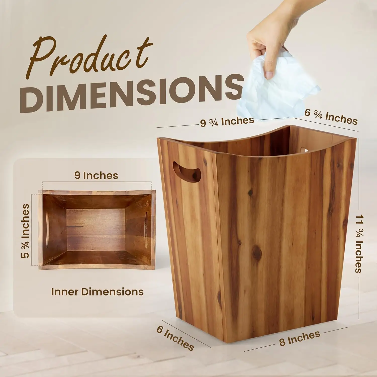 Bedroom Narrow Tall Waste Paper Bin Kitchen Trash Can Bathroom Acacia Small Wood Garbage Baskets with Handle