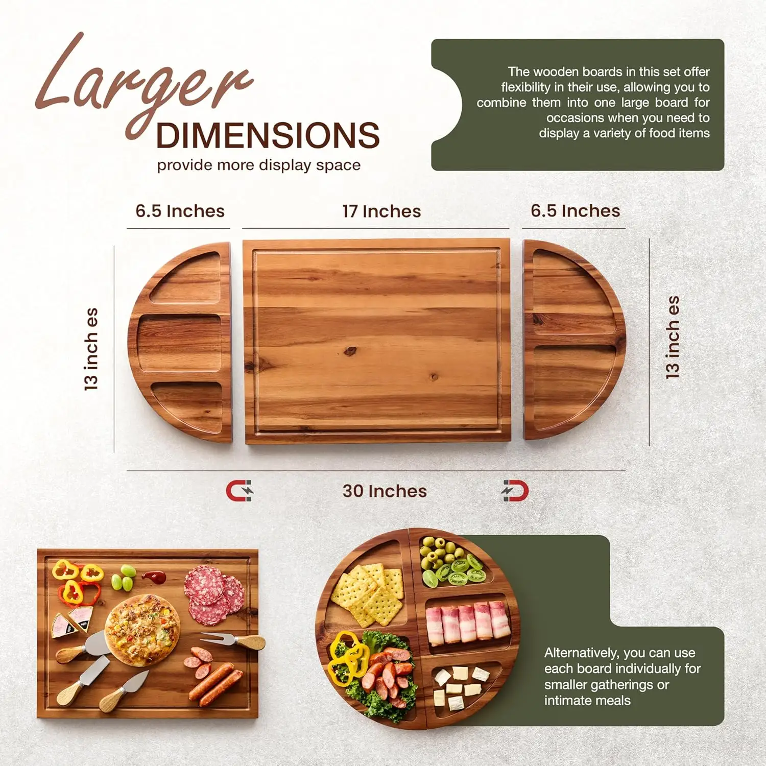 6 Piece Acacia Cheese Board Large Deli Platter Meat Cheese and Cookie Tray Vegetarian Fruit Snack Board Food Service Tray