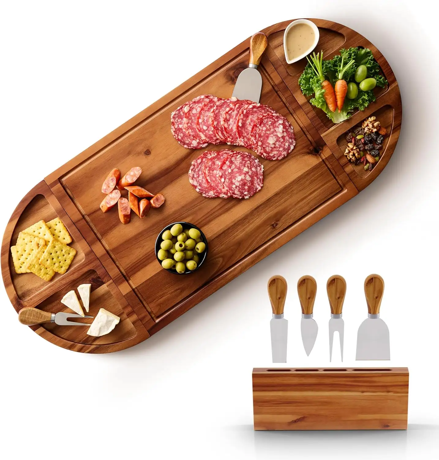 6 Piece Acacia Cheese Board Large Deli Platter Meat Cheese and Cookie Tray Vegetarian Fruit Snack Board Food Service Tray