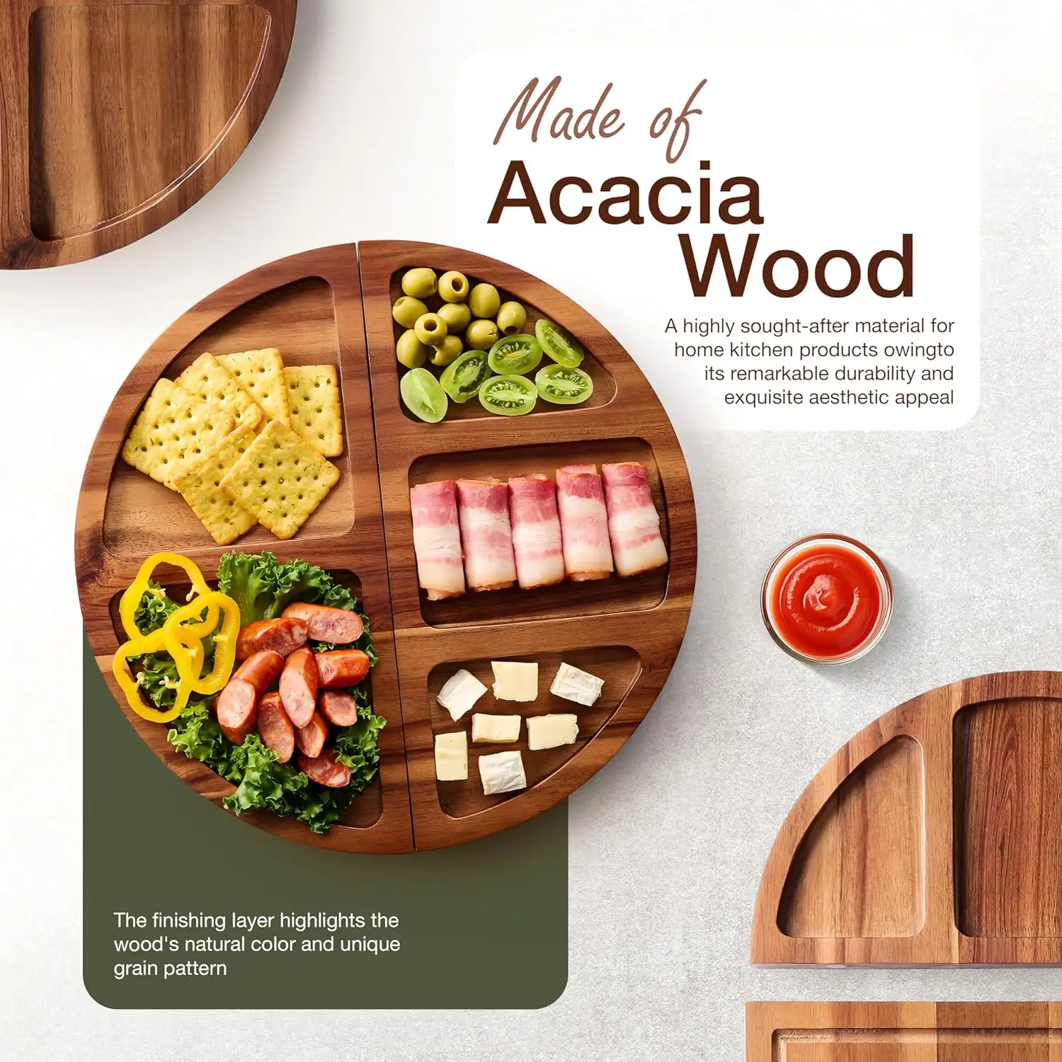 6 Piece Acacia Cheese Board Large Deli Platter Meat Cheese and Cookie Tray Vegetarian Fruit Snack Board Food Service Tray
