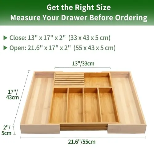 Bamboo Kitchen Drawer Organizer Wooden Cutlery Tray Expandable Silverware Utensil Storage Box