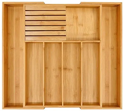 Bamboo Kitchen Drawer Organizer Wooden Cutlery Tray Expandable Silverware Utensil Storage Box