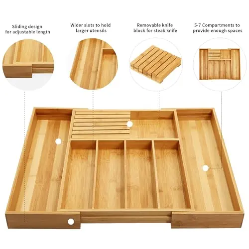 Bamboo Kitchen Drawer Organizer Wooden Cutlery Tray Expandable Silverware Utensil Storage Box