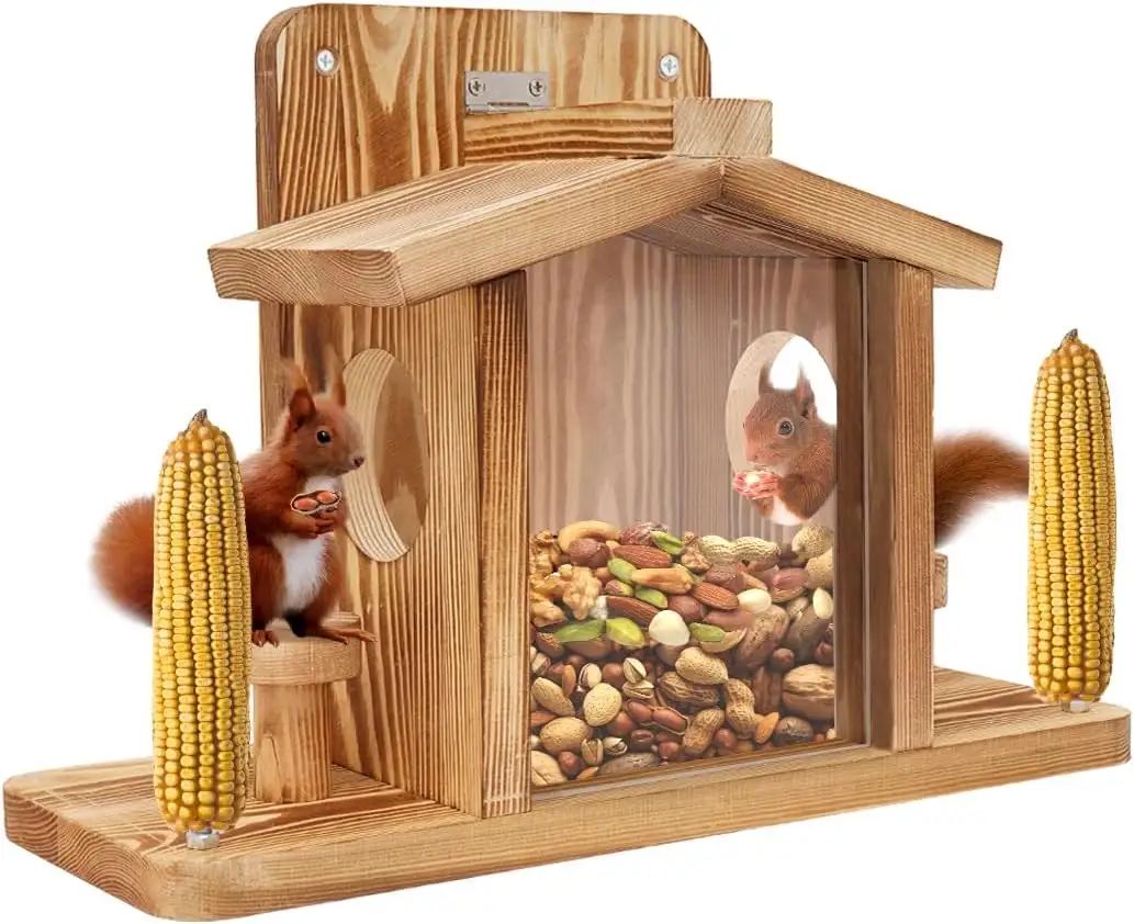 Wood Squirrel House Chipmunk Box Squirrel Feeder for Outside Winter Funny Bird Squirrel Picnic Table Feeder Outdoors