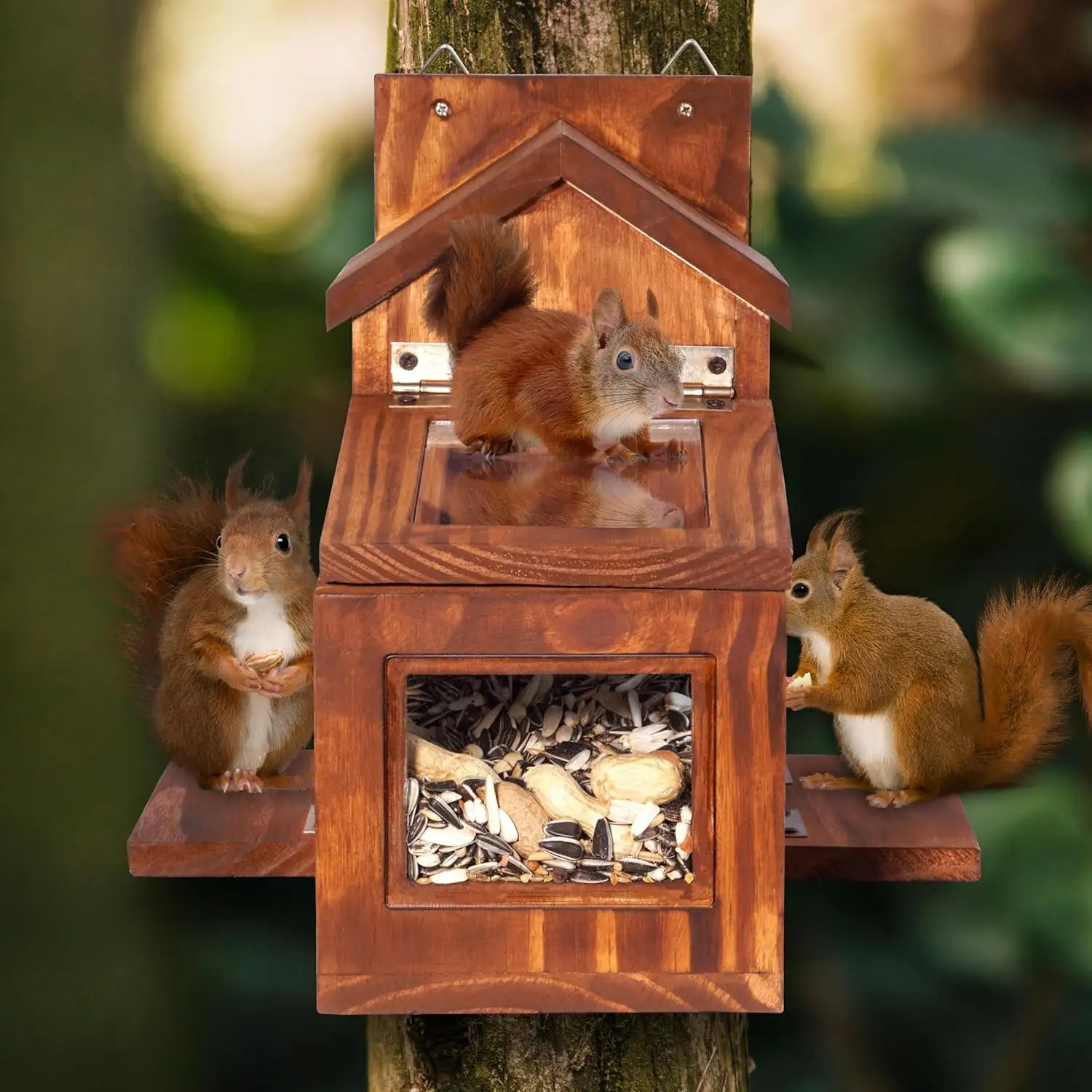 Wood Squirrel House Chipmunk Box Squirrel Feeder for Outside Winter Funny Bird Squirrel Picnic Table Feeder Outdoors