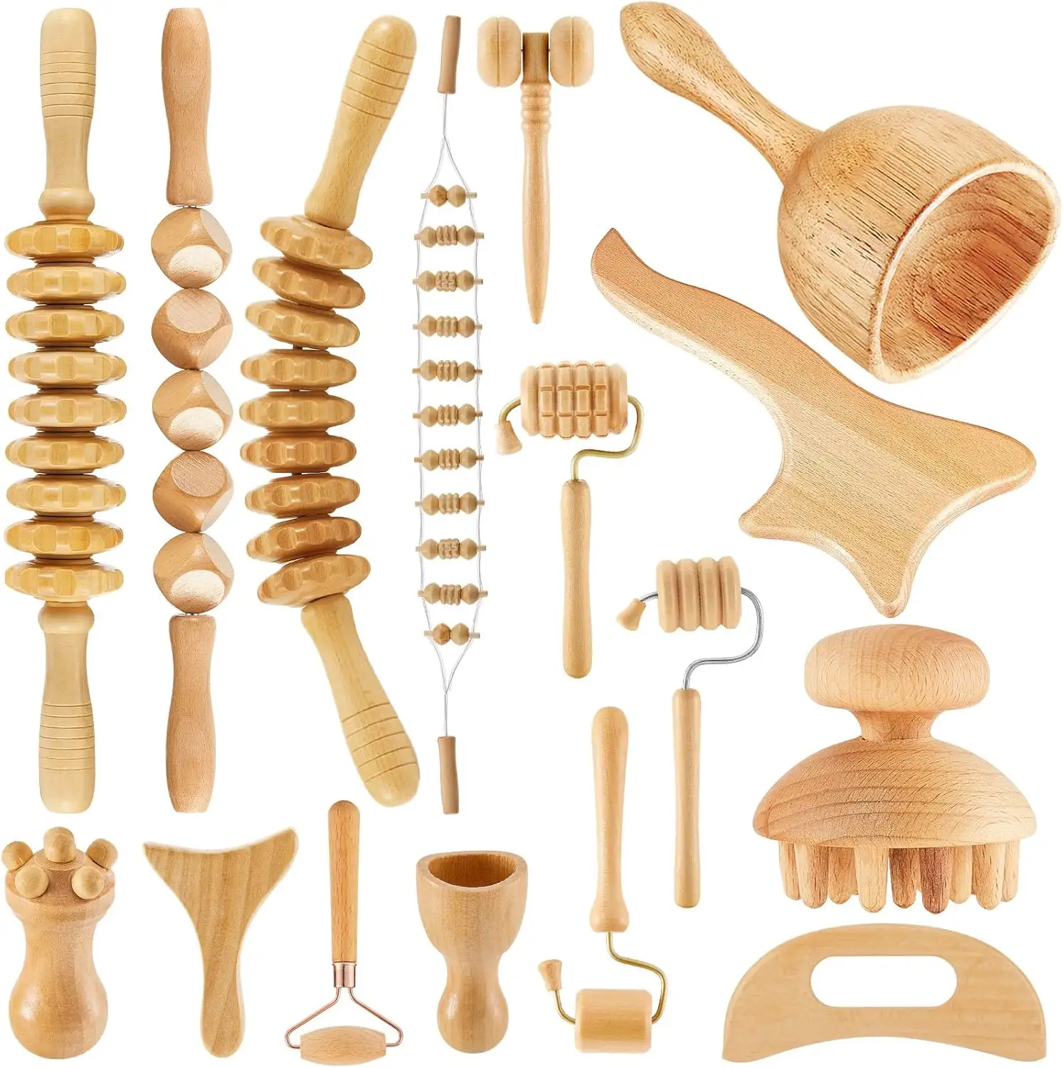 Custom Wood Therapy Tool Face Roller Massager Kit Lymphatic Drainage Body Sculpting Device 16-in-1 Maderotherapy Wood Set