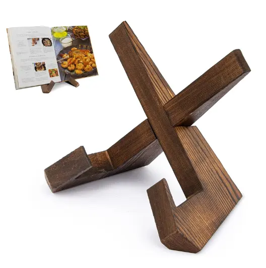 Farmhouse Rustic Handmade Wooden Recipe Holder Sturdy Cook Book Wood Stand for Kitchen Counter