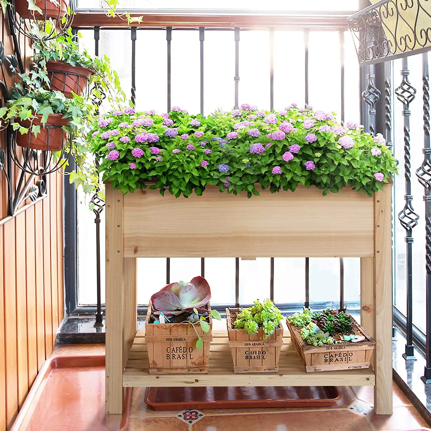 Wooden Raised Garden Bed Planter Boxes Elevated Vegetables Growing Bed with Storage Shelf Wooden Plant Pot Wood with Legs Flower