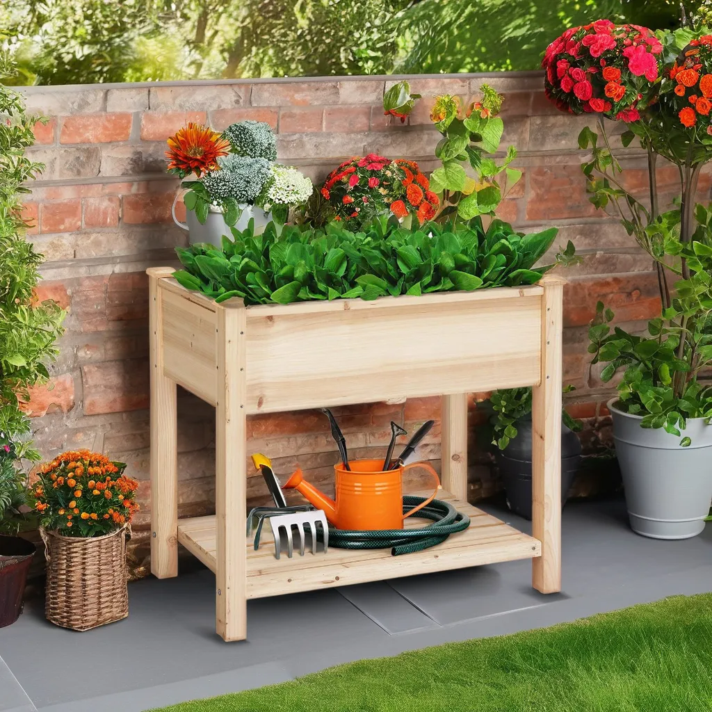Wooden Raised Garden Bed Planter Boxes Elevated Vegetables Growing Bed with Storage Shelf Wooden Plant Pot Wood with Legs Flower