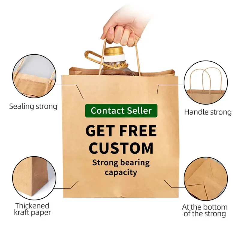 Eco-friendly Recycled Brown Handle Paper Bags for Food Takeaway Custom Shopping Gift Craft Packaging Kraft Paper Bag with logo