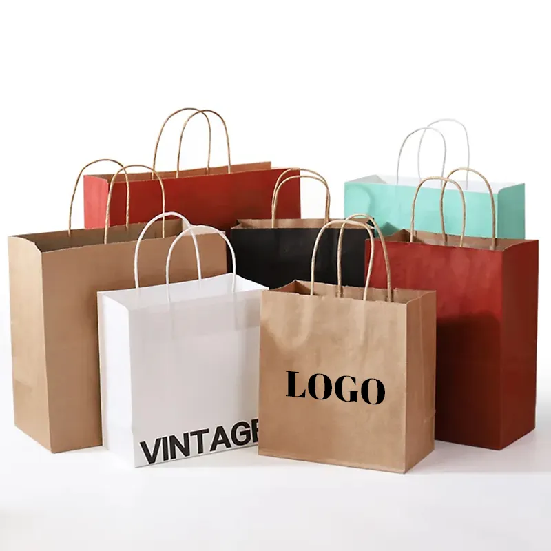 Eco-friendly Recycled Brown Handle Paper Bags for Food Takeaway Custom Shopping Gift Craft Packaging Kraft Paper Bag with logo