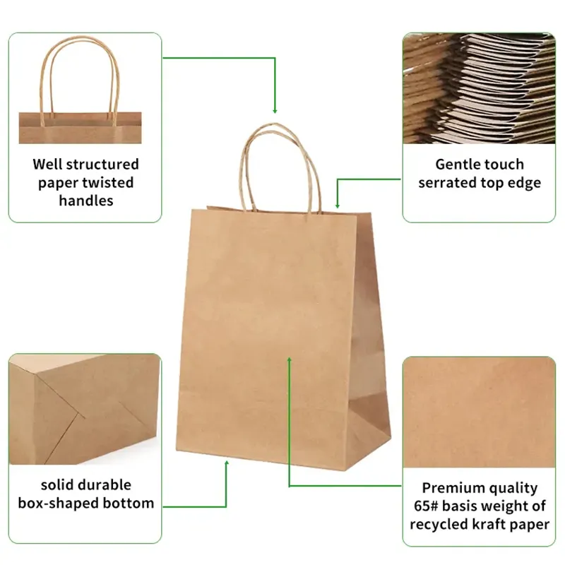 Eco-friendly Recycled Brown Handle Paper Bags for Food Takeaway Custom Shopping Gift Craft Packaging Kraft Paper Bag with logo