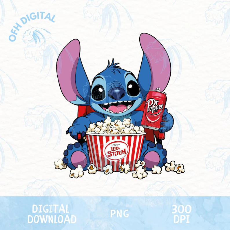 Lilo and Stitch Popcorn Cinema Png, Stitch Drink Dr Pepper Png, Stitch 2025 Designs, Movie Time Carton Shirt, 2025 Cartoon Movies