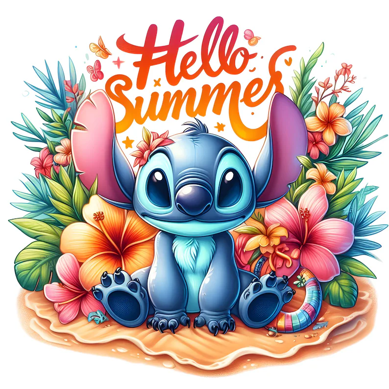 Hello Summer Beach Stitch, sublimation png, direct to film, summer png, stitch png