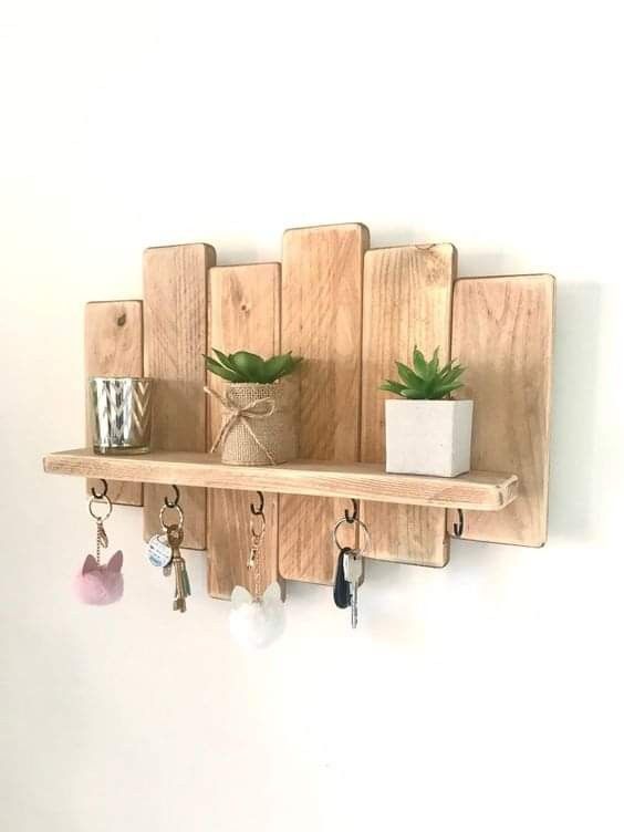 Wooden Wall Shelf with Key Hooks