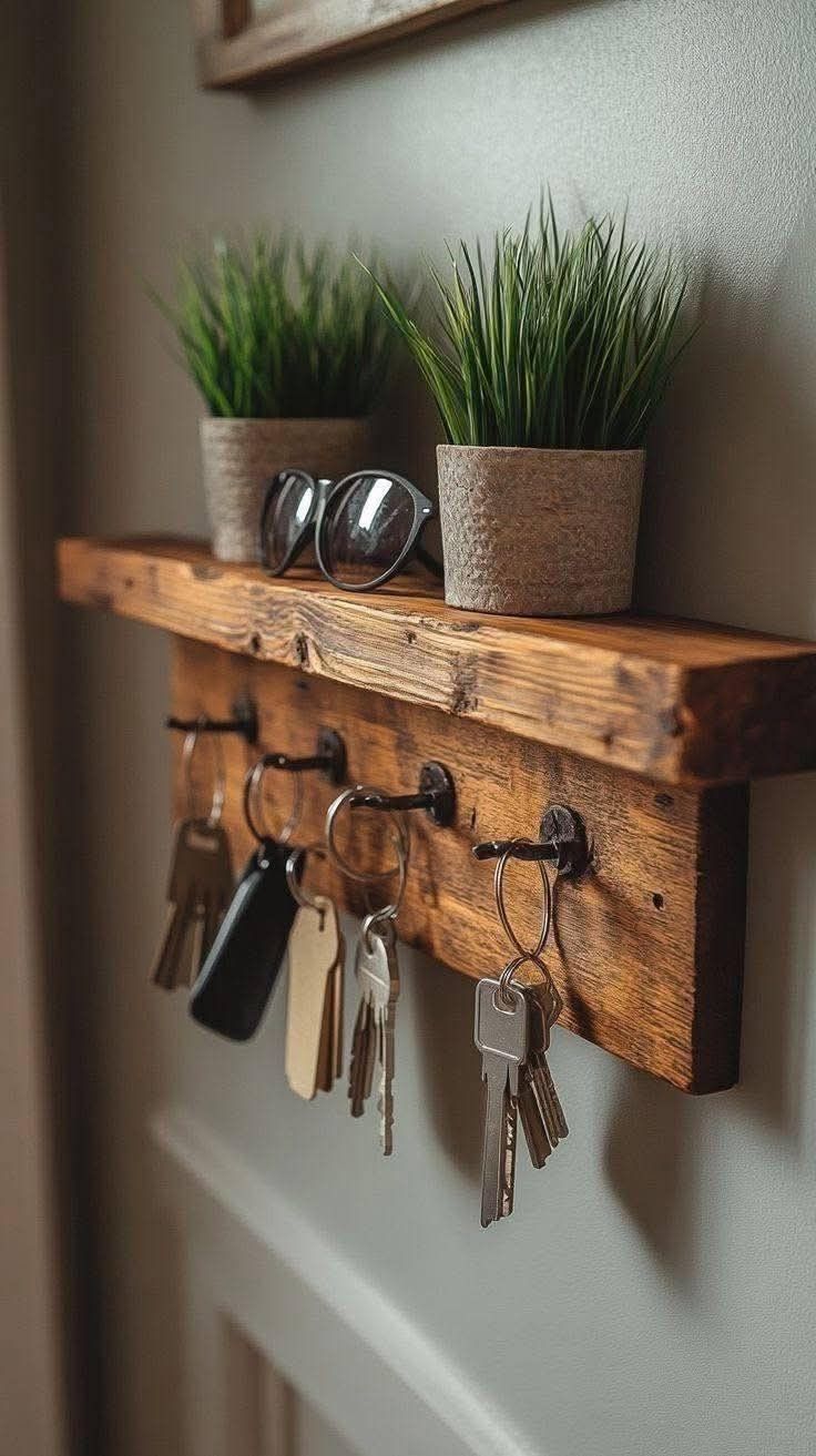 Wooden Wall Shelf with Key Hooks